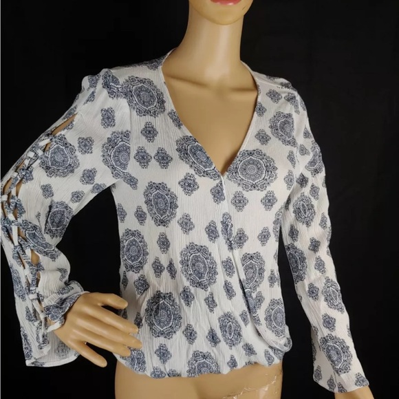 Altar’d State Surplice / Faux Wrap Front Lattice Long Sleeve Blouse - Picture 2 of 15